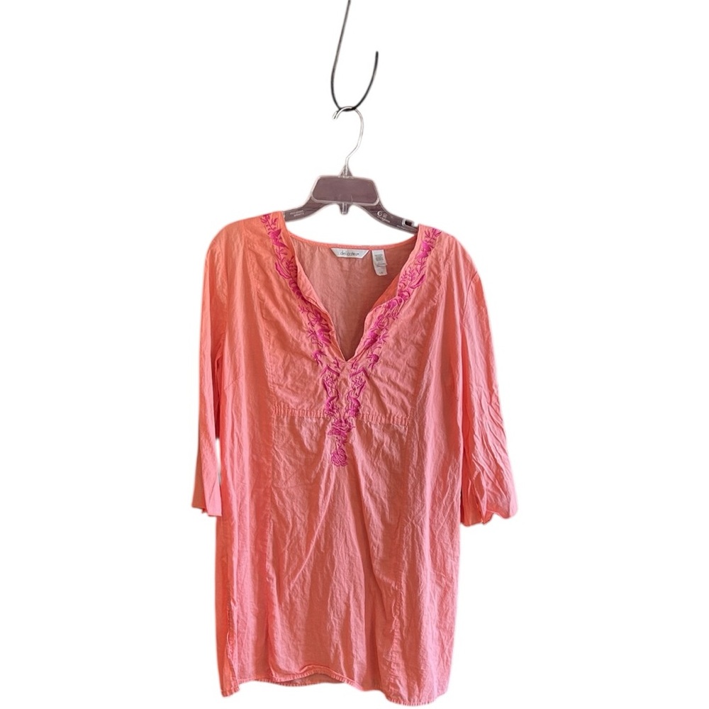 delicates peach floral embroidery design split 3/4 sleeves cotton dress Sz L